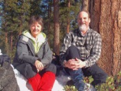 Nancy and Todd enjoying the sunshine among big ponderosa pines.